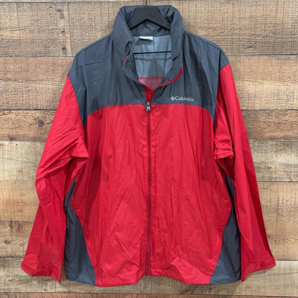Columbia Windbreaker Jacket Mens Size XL Red Gray Hooded Full Zip Colorblock